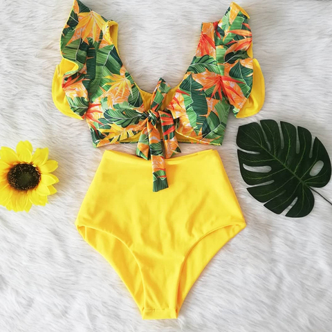 Conjunto de Bikini Floral con volantes y dobladillo para mujer, bañador de dos piezas de cintura alta con cuello de pico, traje de baño para playa 2022 ► Foto 1/6