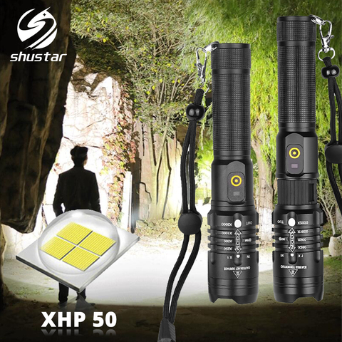 Linterna LED táctica XHP50 superbrillante, 3 modos de iluminación con zoom, batería 18650, adecuada para aventuras al aire libre ► Foto 1/6
