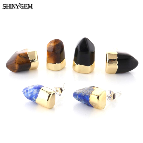 Pendientes irregulares con gema de cristal Natural para mujer, de 7 a 8mm, lapislázuli/ojo de Tigre/Agata negra, aretes de tuerca chapados en oro para mujer ► Foto 1/6