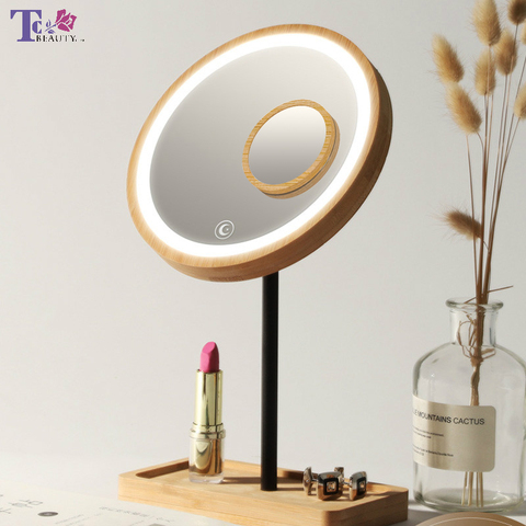 Espejo de maquillaje LED de escritorio de madera con aumento de 3X carga USB ajustable luz difusa brillante pantalla táctil espejos de belleza ► Foto 1/6
