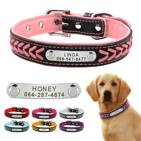 Collar de cuero personalizado para perro, collarín trenzado con nombre plateado para perros pequeños, medianos y grandes, grabado personalizado en Collar, etiquetas de identificación para mascotas ► Foto 1/6