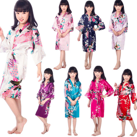 Bata Kimono de satén para niña, pijama Floral con flores de pavo real para Spa, camisón de cumpleaños y boda, venta al por mayor ► Foto 1/6