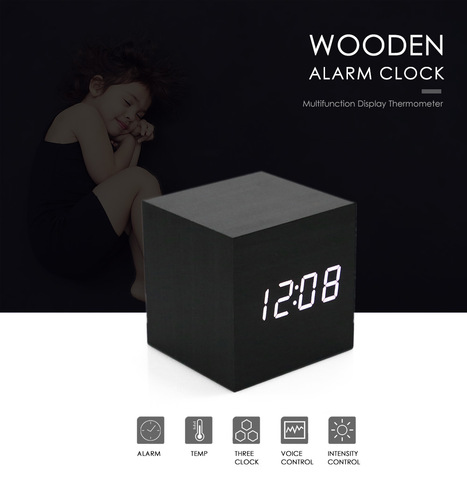 Reloj Despertador LED de madera 2022 Original, Despertador con Control de sonidos y temperatura, pantalla LED electrónica de escritorio, relojes digitales de mesa ► Foto 1/6