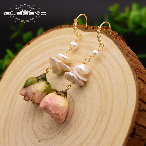 GLSEEVO Natural de agua dulce Perla Barroca pendientes flor pendientes regalos para mujeres joyería fina de GE0492 ► Foto 1/5