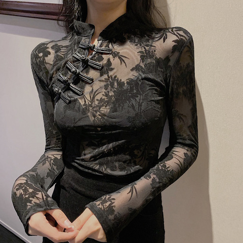 Blusas transparentes de encaje para chicas, Camisetas, blusas de mujer estilo chino con cuello alto Vintage de manga larga, blusas negras, Tops para mujeres ► Foto 1/6