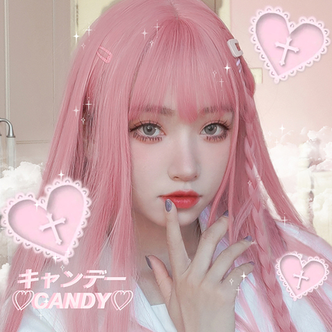 HUAYA-peluca larga Lisa rosa con flequillo, cabello sintético resistente al calor, peluca Lolita para Halloween, Cosplay o fiesta diaria ► Foto 1/5