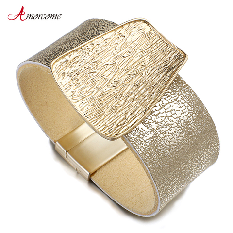 Amorcome-pulsera de piel auténtica con Metal dorado Champagne para mujer, brazalete ancho, regalo de joyería ► Foto 1/6