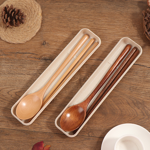 1 pares palillos + 1 cucharas portátil japonés de madera palillos juego de vajilla cuchara de vajilla de traje con caja de vajilla ► Foto 1/6