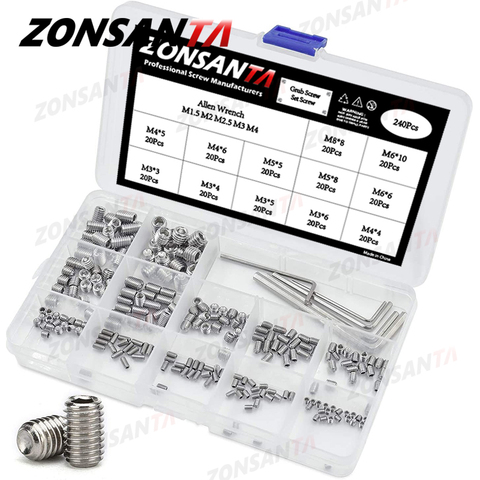 ZONSANTA-Juego de tornillos de Grub M3, M4, M5 y M6, kit de tornillos hexagonales de acero inoxidable A2 240, 304 Uds. ► Foto 1/6