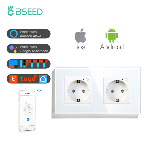 BSEED-Enchufes dobles de enchufe de pared estándar de la UE Wifi, Panel de cristal, Blanco, Negro, dorado, compatible con aplicación Tuya Smart Life, Google 16A ► Foto 1/6