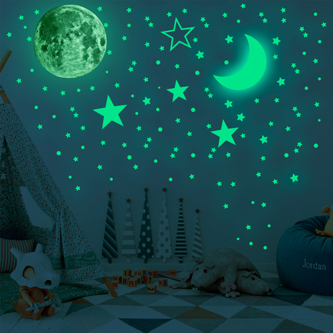 Pegatinas de pared de estrellas con luces azules brillantes verdosos que brillan en la oscuridad, decoración para habitación de niños, adhesivos de pared artesanales ecológicos ► Foto 1/6