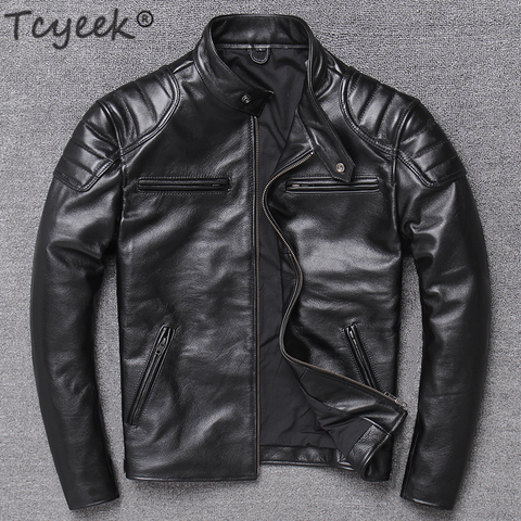 Tcyeek-Chaqueta de cuero genuino para hombres, ropa de invierno para hombres, Motociclista, abrigo de cuero de vaca Real, ropa de calle, W1756, 2022 ► Foto 1/6