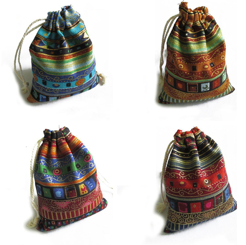 3 uds bolsas de regalo de algodón Multicolor estampado tribal cordón bolsas para joyas paquete almacenamiento estilo étnico chino 9,5 cm X 12cm ► Foto 1/6