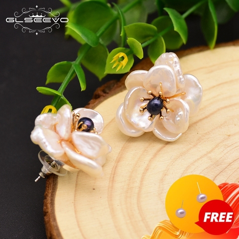 GLSEEVO-pendientes de tuerca de perlas barrocas de agua dulce Natural para mujer, aretes de Plata de Ley 925 con flor de Jade, joyería con abalorio, GE0664 ► Foto 1/6