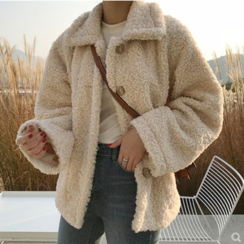 Chaqueta cálida de lana de cordero de Color puro para mujer, chaqueta gruesa de piel de oveja sintética informal suelta, nueva versión coreana, Wm * ► Foto 1/5