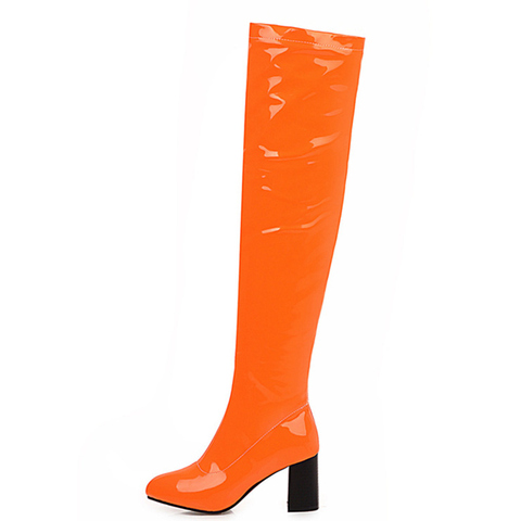 De moda por encima de la rodilla botas de mujer rojo naranja amarillo verde de alta del muslo botas cuadrado zapatos de tacón alto zapatos de fiesta mujer de talla grande 45 48 47 ► Foto 1/6
