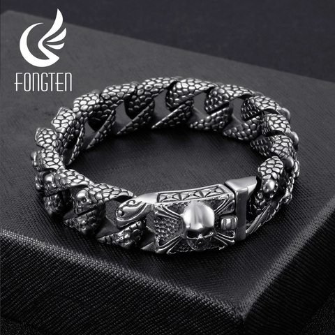 Fongten-pulsera de acero inoxidable estilo gótico Retro para hombre, brazalete con cadena de eslabones, Calavera, estilo Punk, joyería ► Foto 1/6