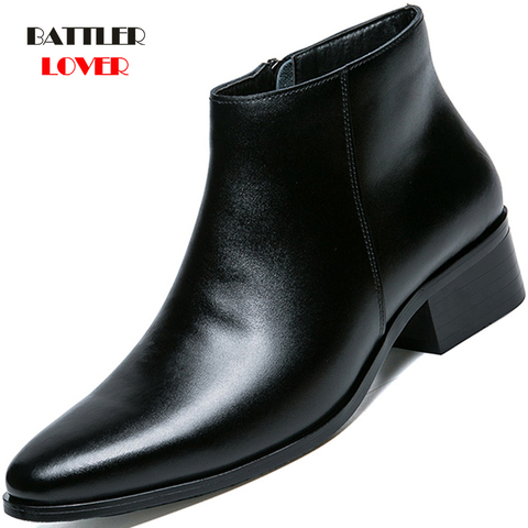 Hombres Chelsea Botas de cuero genuino Botas vestido de boda zapatos de negocios Formal masculino tobillo invierno negro cálido ► Foto 1/6