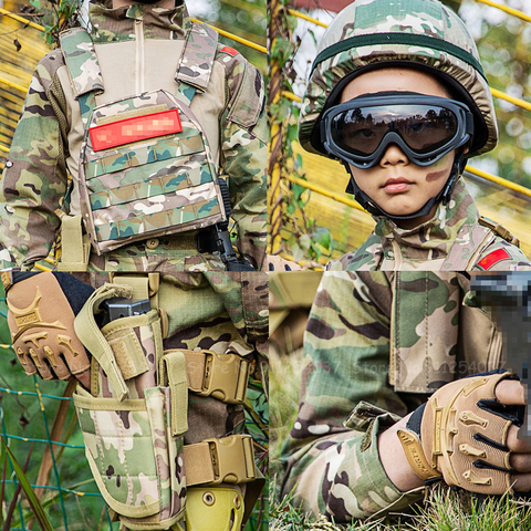 Traje de camuflaje táctico para niños, de fuerzas especiales para niños uniforme de combate, chaleco de entrenamiento militar al aire libre, guantes, rodilleras, gafas, sombrero ► Foto 1/6