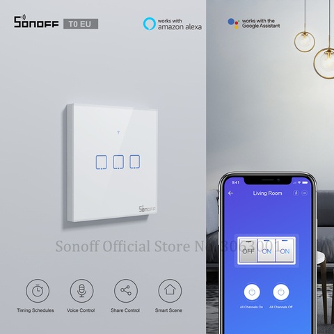 SONOFF T0 UE TX WiFi táctil luz de la pared interruptor inalámbrico inteligente casa 1/2/3 banda de voz/aplicación remota Control con Alexa de Google ► Foto 1/6