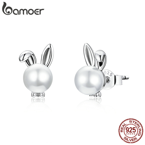 Bamoer-pendientes de plata de primera ley con forma de conejo para mujer, aretes pequeños, plata esterlina 925, compromiso, perla, hipoalergénico, BSE463 ► Foto 1/6