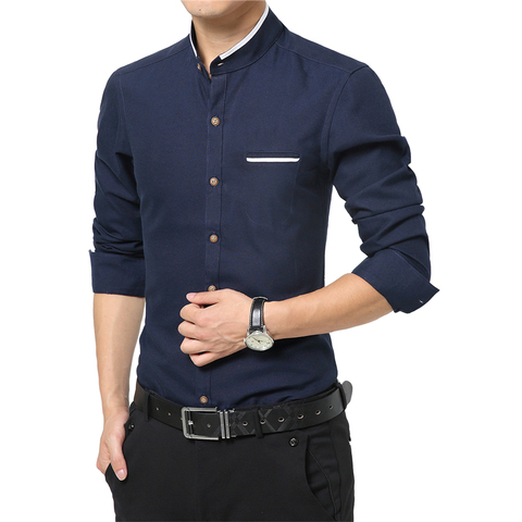 Nueva moda Casual hombres camisa de manga larga mandarín Collar Slim Fit camisa hombres coreano negocios hombres vestido camisas hombres ropa m-5XL ► Foto 1/6