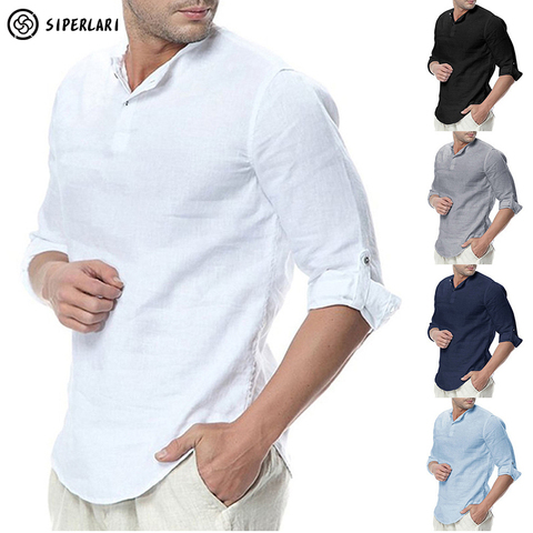 2022 casuales de los nuevos hombres Blusa de algodón camisa de lino suelto Tops Camiseta de manga larga de Primavera Verano otoño guapo Casual Camisa de los hombres ► Foto 1/6