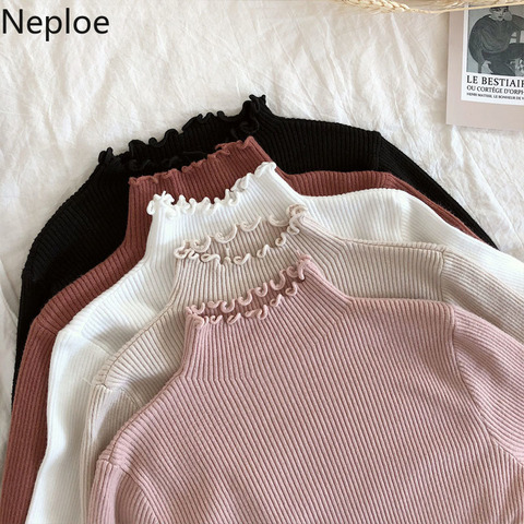 Neploe-suéter con volantes y cuello alto para mujer, suéteres fruncidos de punto, elásticos, lisos, Sexy, ajustados, para otoño e invierno, 2022 ► Foto 1/6