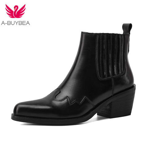 Botines de piel auténtica para mujer, botas de tacón grueso con punta estrecha, estilo Chelsea, Piel De Becerro, 2022 ► Foto 1/6