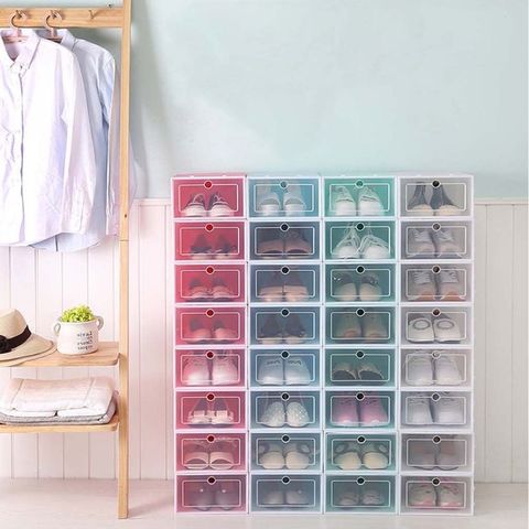 Organizador de zapatos de plástico apilable y plegable para hombre y mujer, caja de almacenamiento con cajones, puerta transparente giratoria, 33,5x23,5x13 cm, 6 unidades ► Foto 1/5