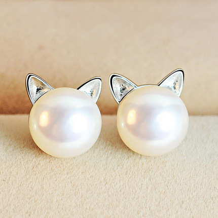 Real 100% Plata de Ley 925 plateados felinos perla Stud pendientes para las mujeres de moda de las muchachas de plata-joyería de brincos brinco ► Foto 1/4