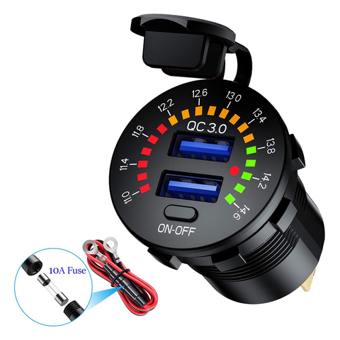 QC 3,0-cargador USB Dual para coche, 12V, 24V, impermeable, 18W, carga rápida con voltímetro LED, interruptor de encendido y apagado, Cable de alimentación para coche ► Foto 1/6