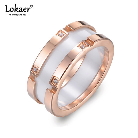 Lokaer-Anillo de boda de lujo para mujer, sortija de cerámica de acero inoxidable, diseño Original, mosaico de oro rosa, diamantes de imitación, R17039 ► Foto 1/6