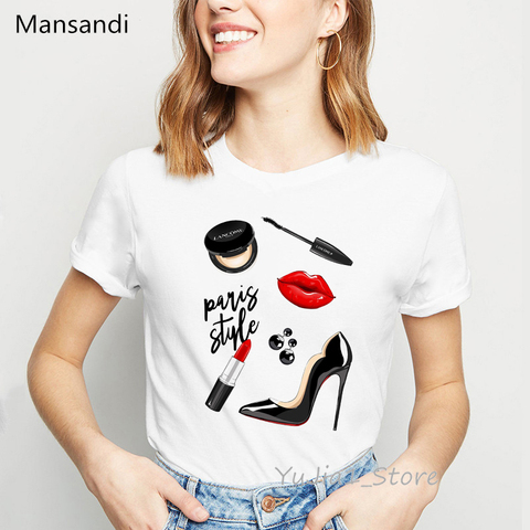 Camiseta de maquillaje de lujo para mujer, camiseta vogue con labios y pintalabios de tacón alto, camiseta de moda para mujer, camisetas tumblr ► Foto 1/6