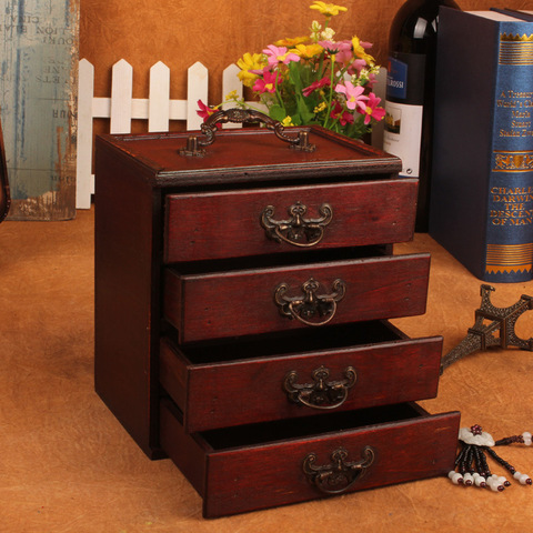 Caja de almacenamiento de joyas de madera antigua, 4 cajones, estilo Retro Ming & Qing Dynasty, organizador de maquillaje ► Foto 1/6