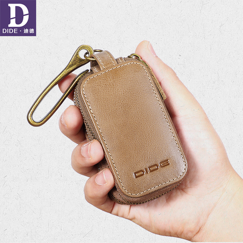 DIDE-Llavero de coche Vintage para hombre, Cartera de cuero genuino con doble cremallera para llave de bolsillo, monedero ► Foto 1/6