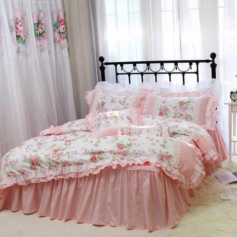 Romántico bordado ropa de cama conjunto Rosa ropa de cama de encaje con volantes cama princesa juego de cama real funda nórdica de algodón conjunto de la Reina ► Foto 1/5