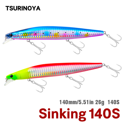 TSURINOYA superior hundimiento de Señuelos de Pesca Minnow 140 DW92 140mm 26g de agua salada Negro bajo Pike Long de cebos duros peso de tungsteno ► Foto 1/6