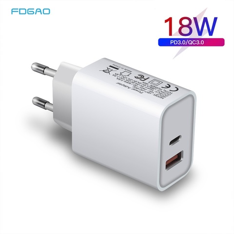FDGAO-cargador USB 3,0 de carga rápida, Adaptador tipo C QC3.0 para iPhone 12 Pro Max Samsung S20 S10, cargador de teléfono de viaje de pared, 18W ► Foto 1/6