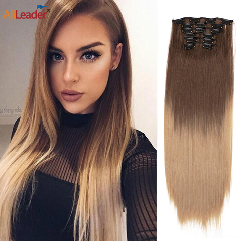 Alileader-extensiones de cabello sintético para mujer, accesorio largo y recto, resistente al calor, Rubio, 16 unidades ► Foto 1/6