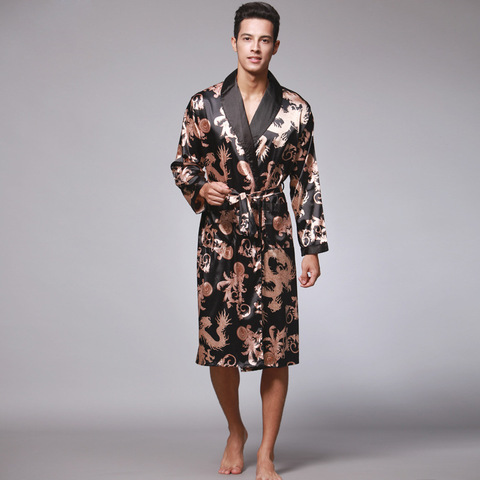 Kimono de satén de seda para hombre, bata de baño negra de manga larga hasta la rodilla con dragón dorado, para verano y otoño ► Foto 1/5