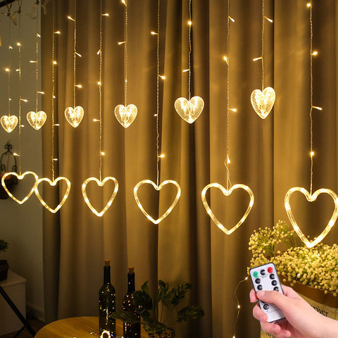 Guirnalda de luces navideñas con forma de corazón, cortina con forma de corazón con enchufe europeo/estadounidense de 2,5 M, para exteriores, para fiesta, hogar, boda, decoración de Año Nuevo ► Foto 1/6