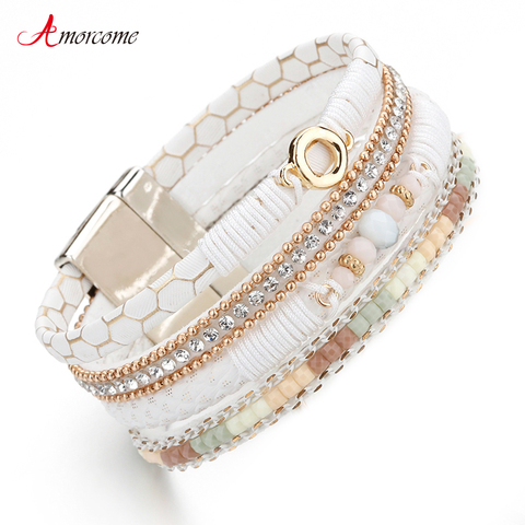 Amorcome blanco pulseras de cuero para las mujeres de diamantes de imitación de cristal abalorio de Metal amplia pulseras envolventes multicapa y brazaletes de la joyería ► Foto 1/6