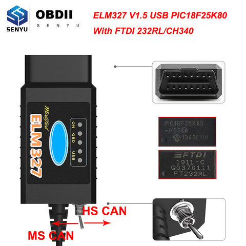 Herramienta de diagnóstico automático ELM 327 V1.5, escáner USB para Ford PIC18F25K80 FTDI/CH340 ELM327 V1.5 HS CAN/MS CAN OBD 2 OBD2 ► Foto 1/6