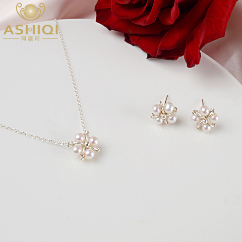 ASHIQI-conjunto de joyas hechas a mano de perla Natural de agua dulce auténtica, collar y pendientes de plata 925 para mujer, regalo de boda ► Foto 1/6