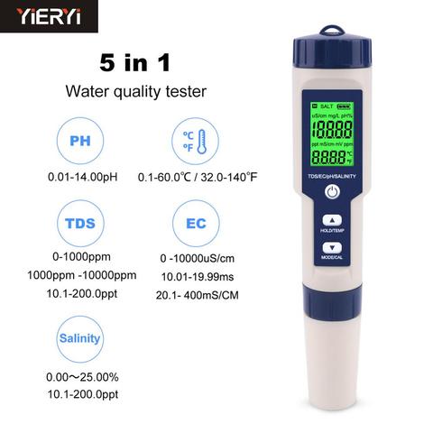 Medidor Digital de calidad del agua TDS/EC/PH/salinidad/temperatura 5 en 1 para piscinas, agua potable, acuarios ► Foto 1/6