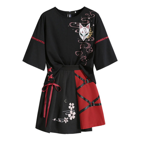 Ropa de verano de Anime para mujer, conjunto de falda corta de Lolita, Camiseta estilo chica con cinta roja japonesa, disfraz para adulto ► Foto 1/5