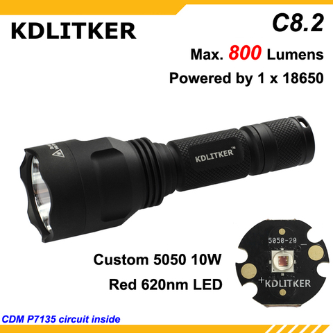 KDLITKER-linterna LED C8.2, Color rojo, 620nm, 800 lúmenes, para acampar y cazar, negro (1x18650) ► Foto 1/1