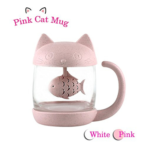 Taza de té de vidrio para gatos, Taza de cerámica con filtro colador Infusor de pescado, 250ML (blanco) (rosa) ► Foto 1/6