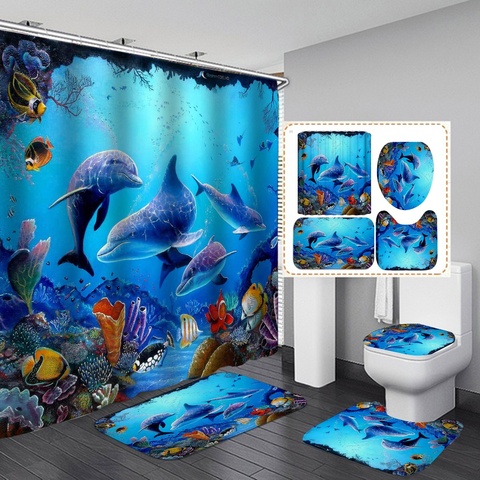 Cortina de ducha impermeable con estampado 3D de delfines, mundo submarino, con alfombra, cubierta de inodoro, juego de alfombrilla de baño, decoración ► Foto 1/6